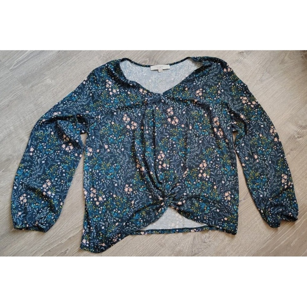 Loft Blue Green Floral Tie Front‎ Long Sleeve Blouse Size Medium